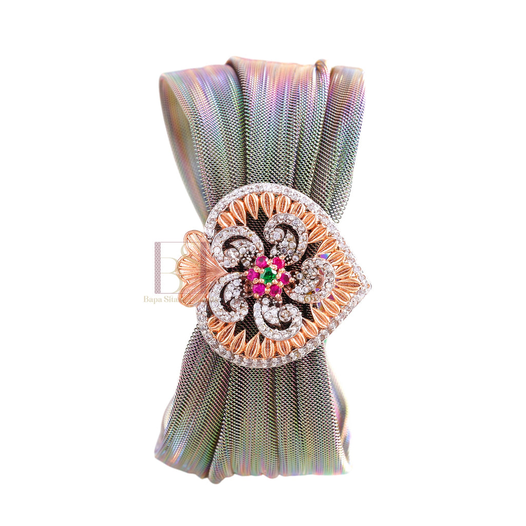 925 Sterling Silver Rose Gold Floral Mesh Cuff Bracelet with Multi-Color Stones for Women | Adjustable Luxury Statement Bracelet | 7 Gram