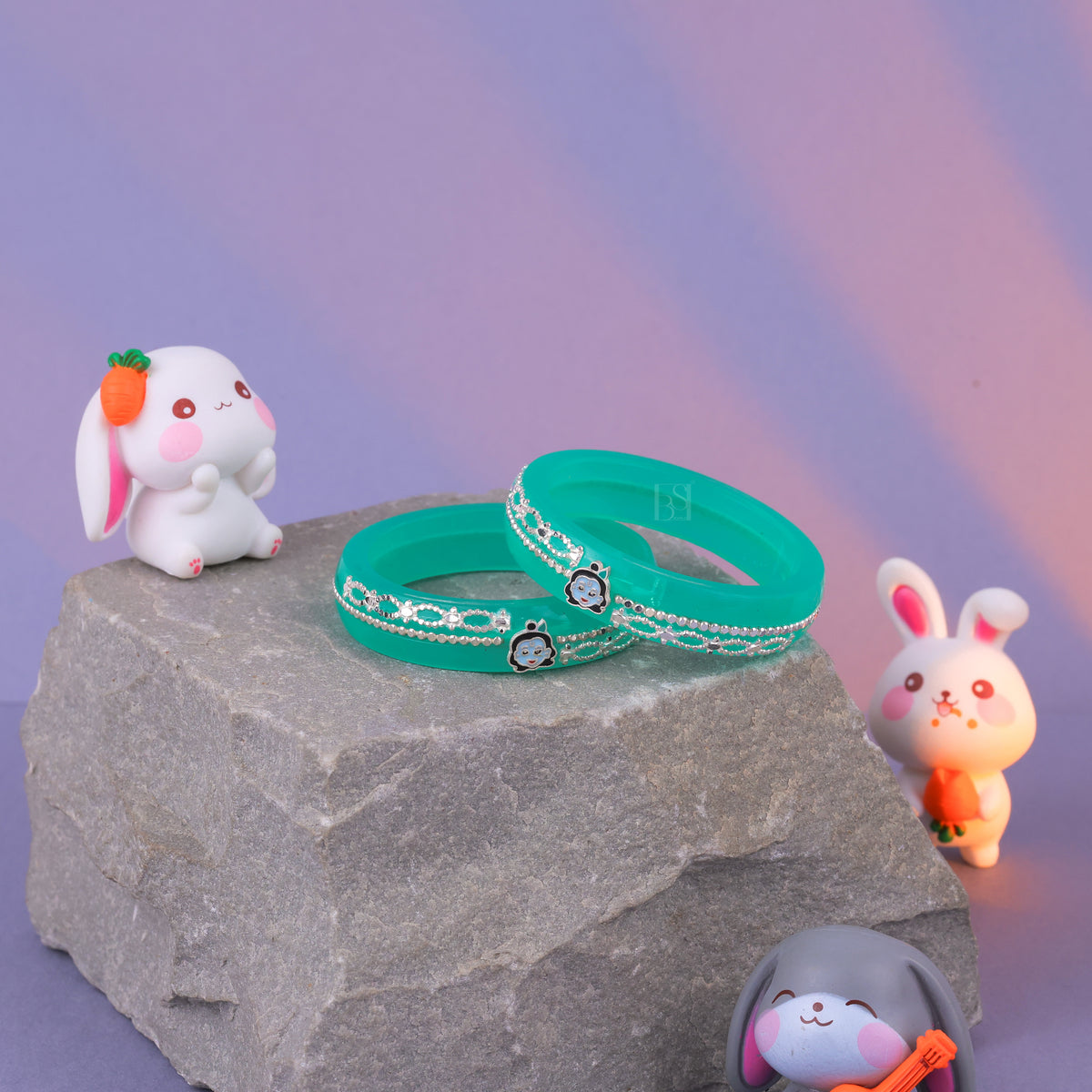 Girls Turquoise Green Designer Bangles with Cute Teddy Bear Charms & Silver-Tone Detailing | Stylish Party Wear Jewellery