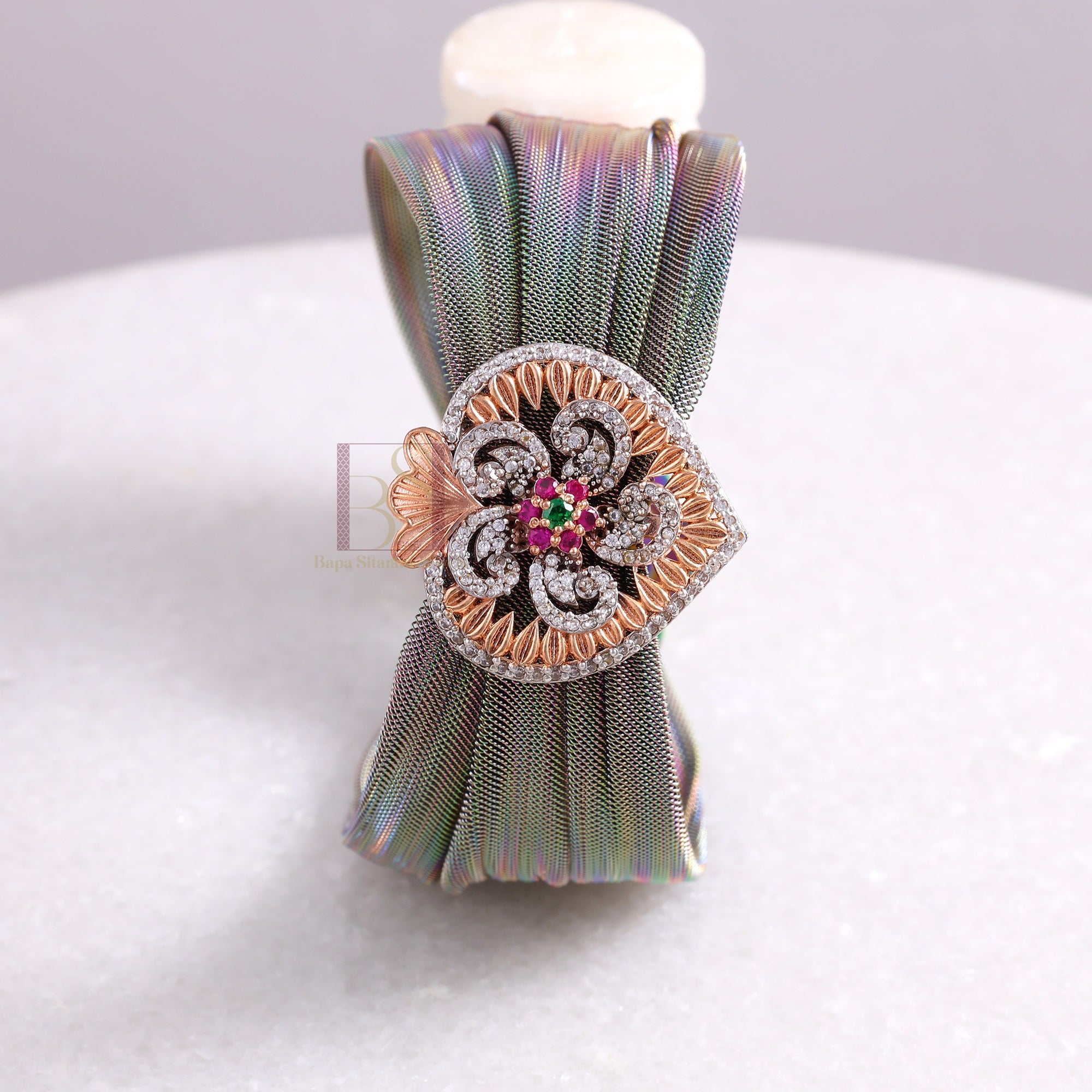 925 Sterling Silver Rose Gold Floral Mesh Cuff Bracelet with Multi-Color Stones for Women | Adjustable Luxury Statement Bracelet | 7 Gram