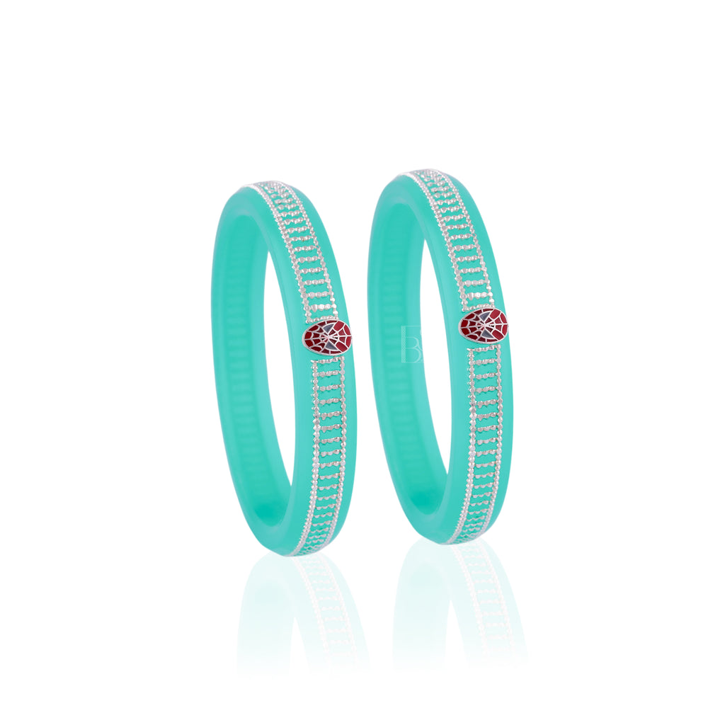 Turquoise Designer Bangles for Girls with Silver-Tone Detailing & Maroon Stone Embellishments | Traditional Fashion Jewellery