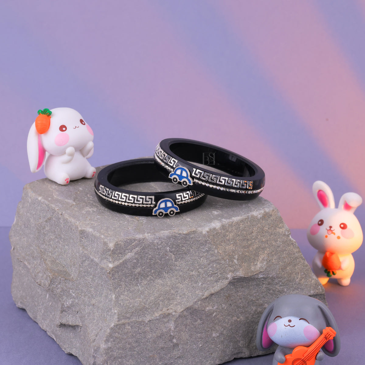 Girls Black & Silver Designer Bangles with Blue Decorative Charm – Stylish Fashion Jewellery