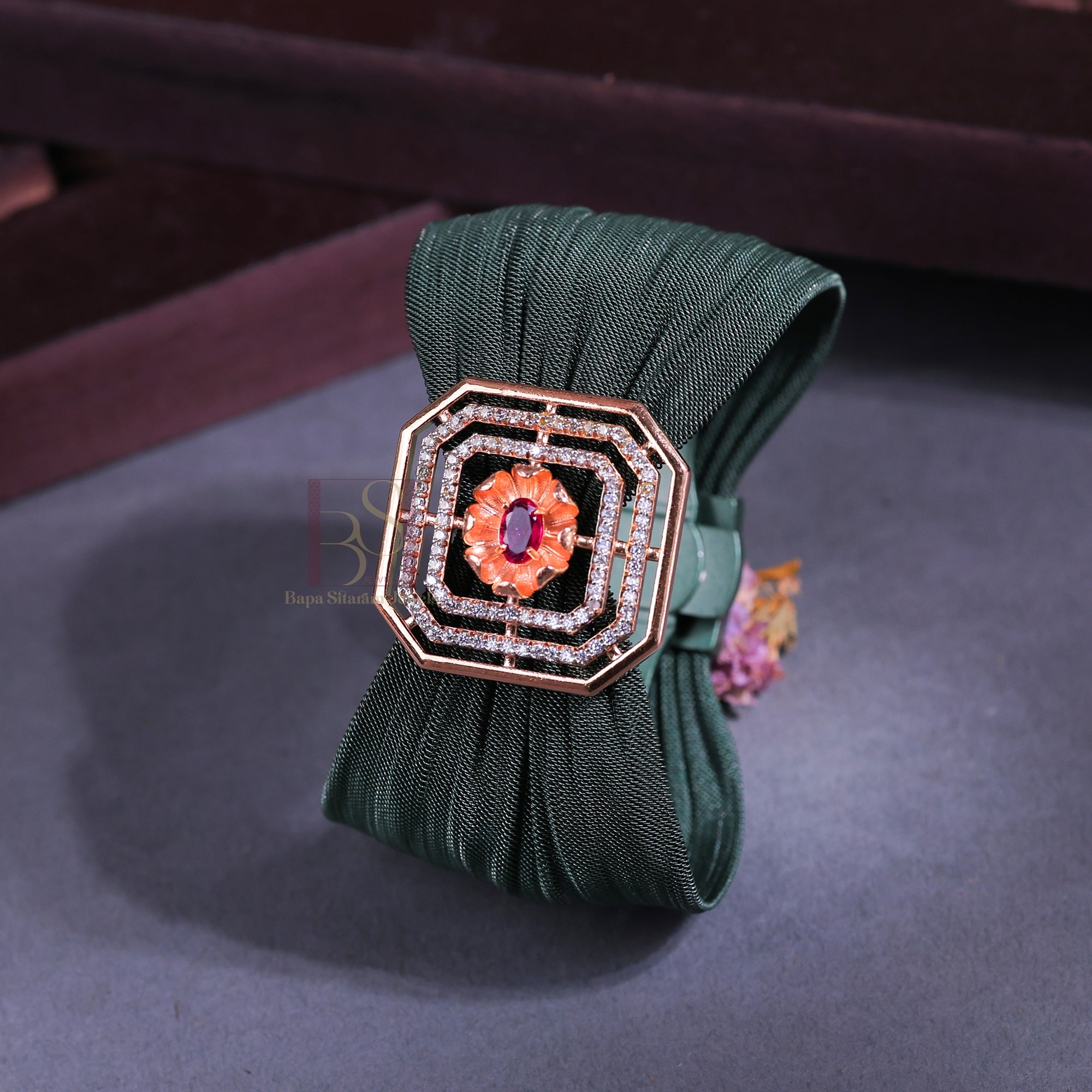 925 Sterling Silver Rose Gold Octagonal Floral Mesh Cuff Bracelet with Ruby Stone for Women | Adjustable Luxury Statement Bracelet | 7.5 Gram