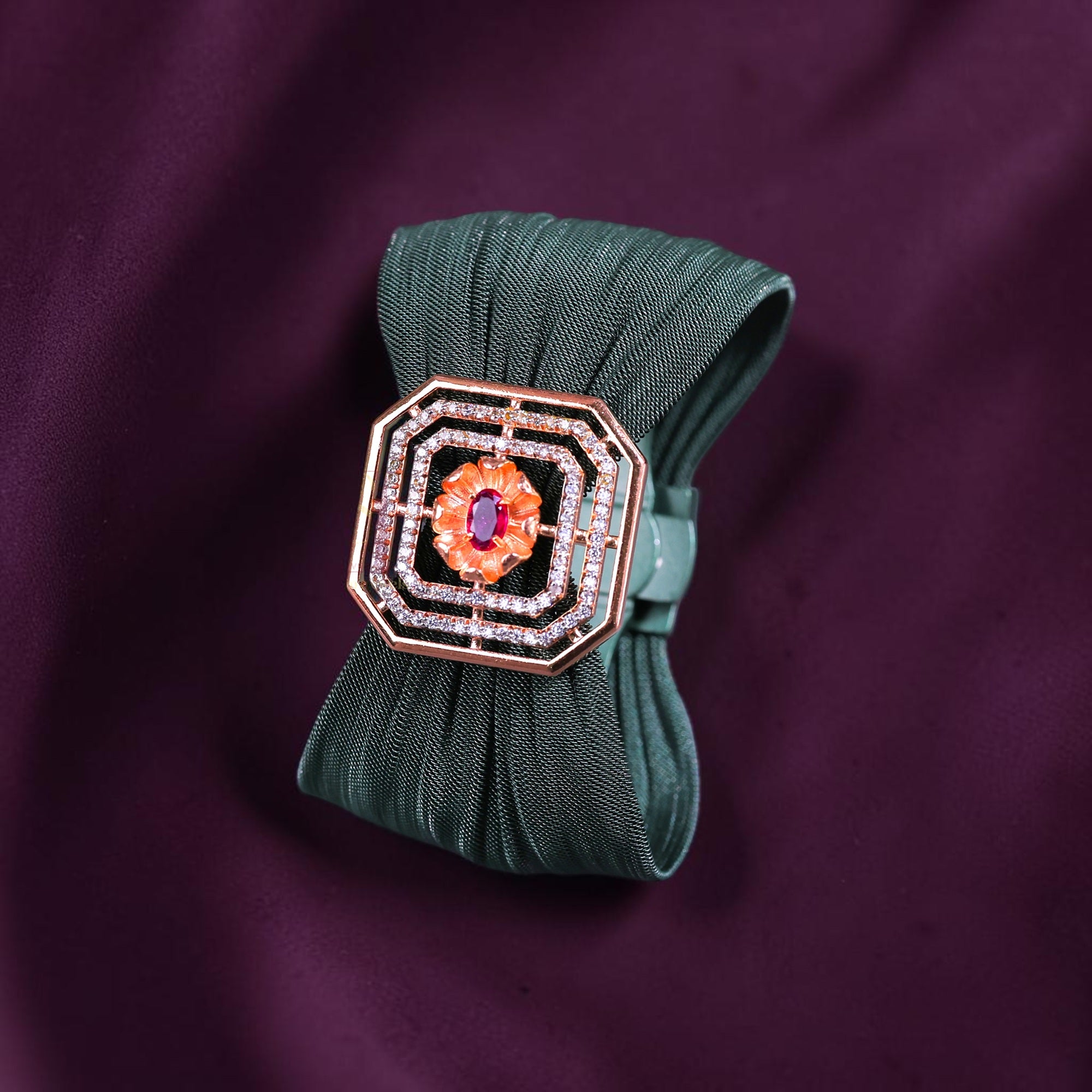 925 Sterling Silver Rose Gold Octagonal Floral Mesh Cuff Bracelet with Ruby Stone for Women | Adjustable Luxury Statement Bracelet | 7.5 Gram