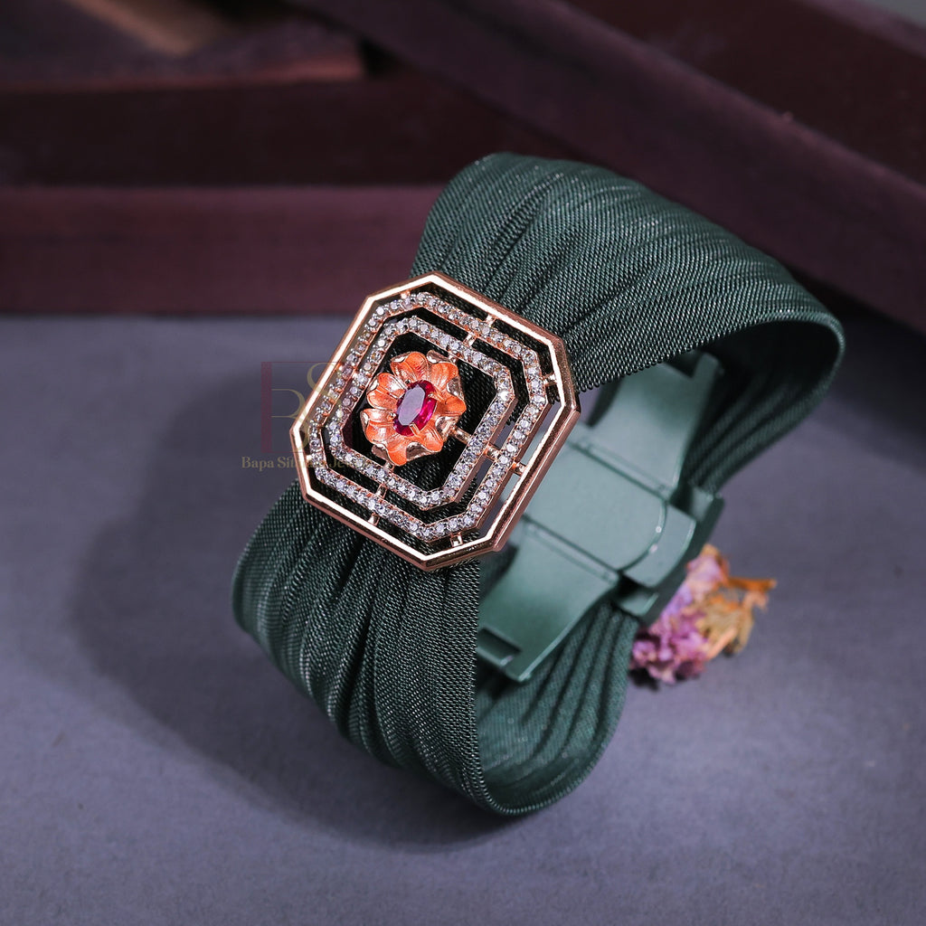 925 Sterling Silver Rose Gold Octagonal Floral Mesh Cuff Bracelet with Ruby Stone for Women | Adjustable Luxury Statement Bracelet | 7.5 Gram
