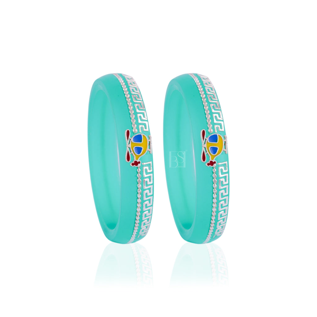 Girls' Turquoise Blue Designer Bangles with Silver-Tone Detailing | Traditional Ethnic Jewellery