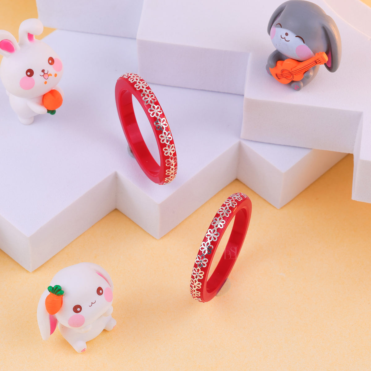 Girls' Red Designer Bangles with Silver Floral Embellishments – Traditional Party Wear Bangle Set