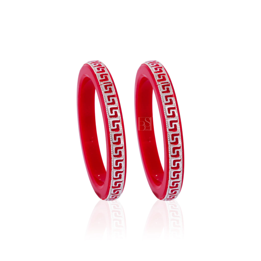 Girls' Red Designer Bangles with Silver Geometric Embellishments – Stylish Traditional Bangle Set