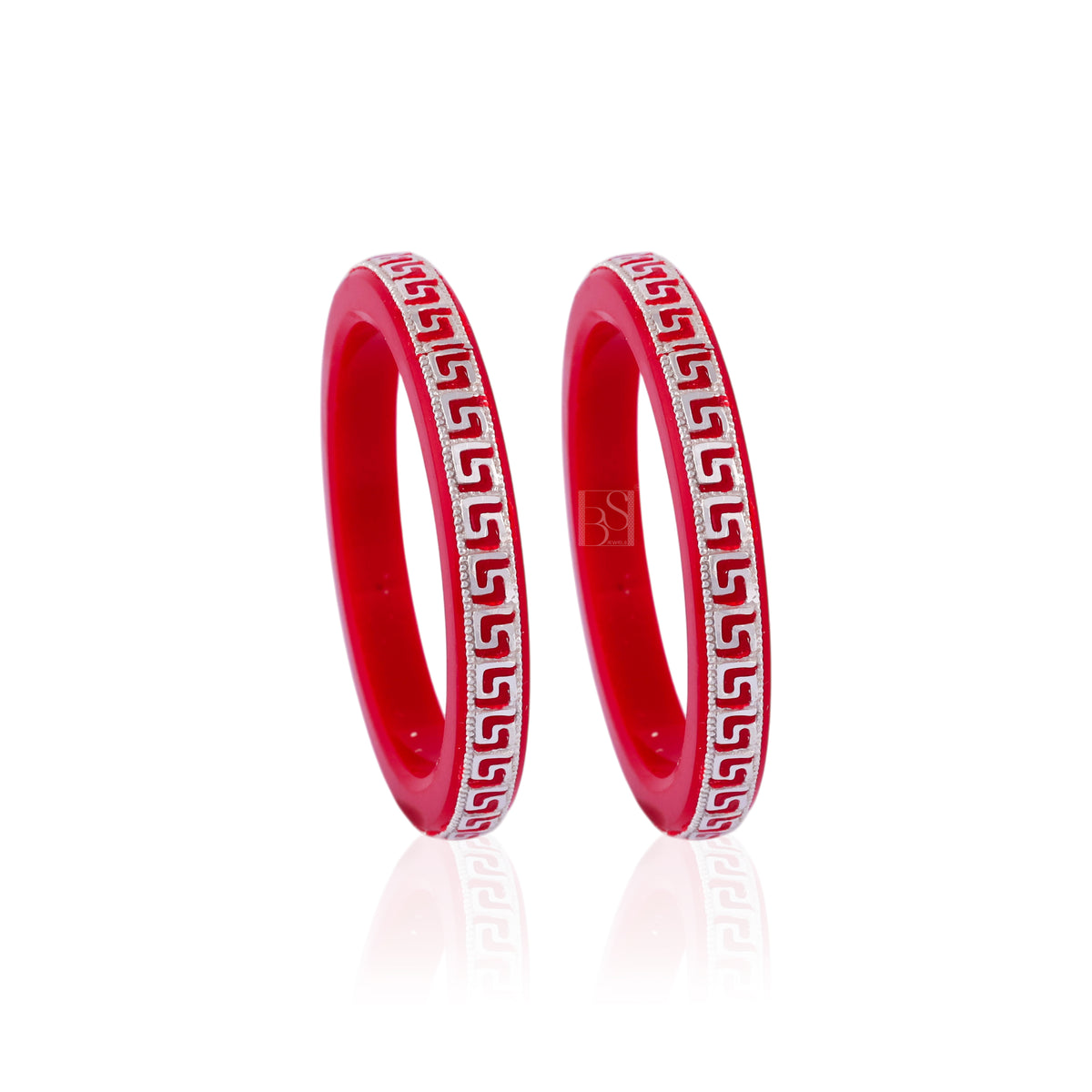 Girls' Red Designer Bangles with Silver Geometric Embellishments – Stylish Traditional Bangle Set