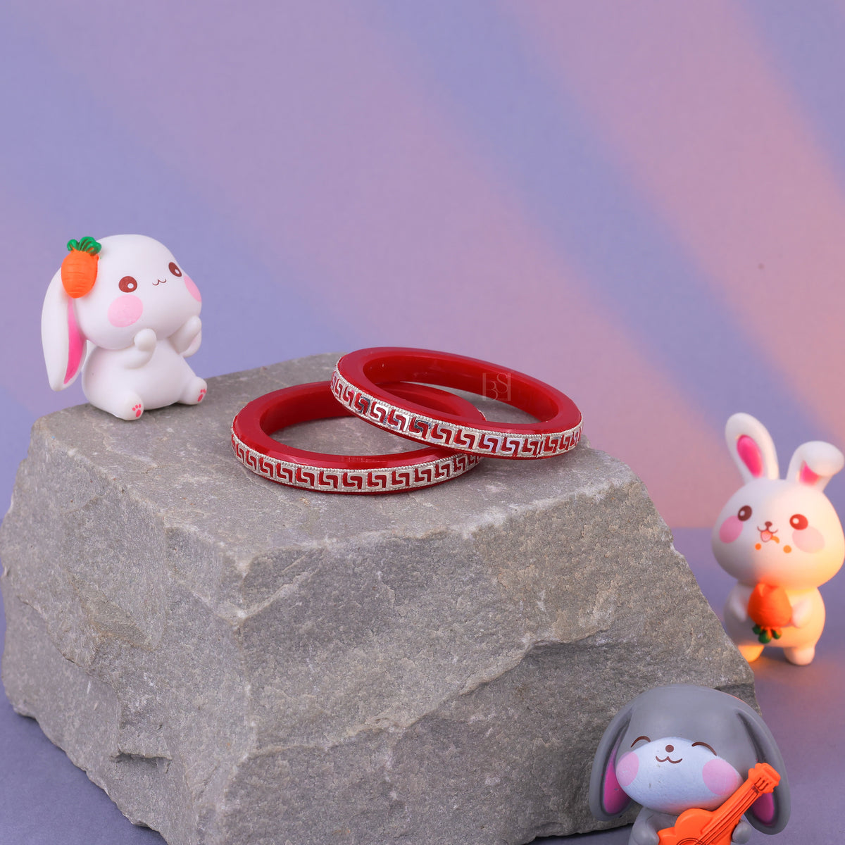 Girls' Red Designer Bangles with Silver Geometric Embellishments – Stylish Traditional Bangle Set