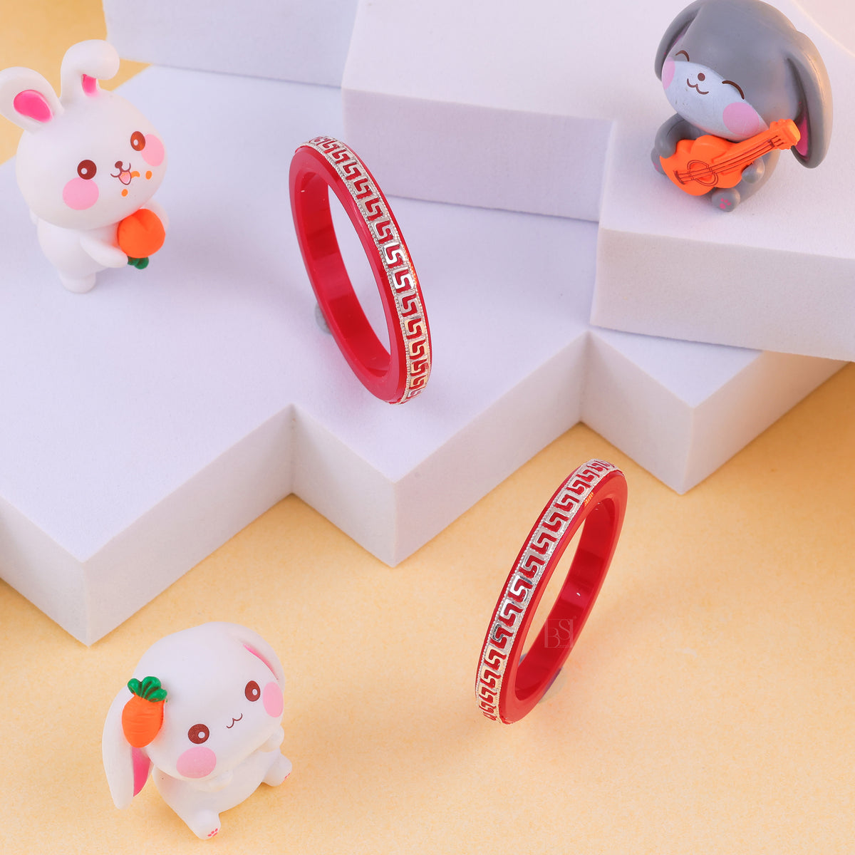 Girls' Red Designer Bangles with Silver Geometric Embellishments – Stylish Traditional Bangle Set