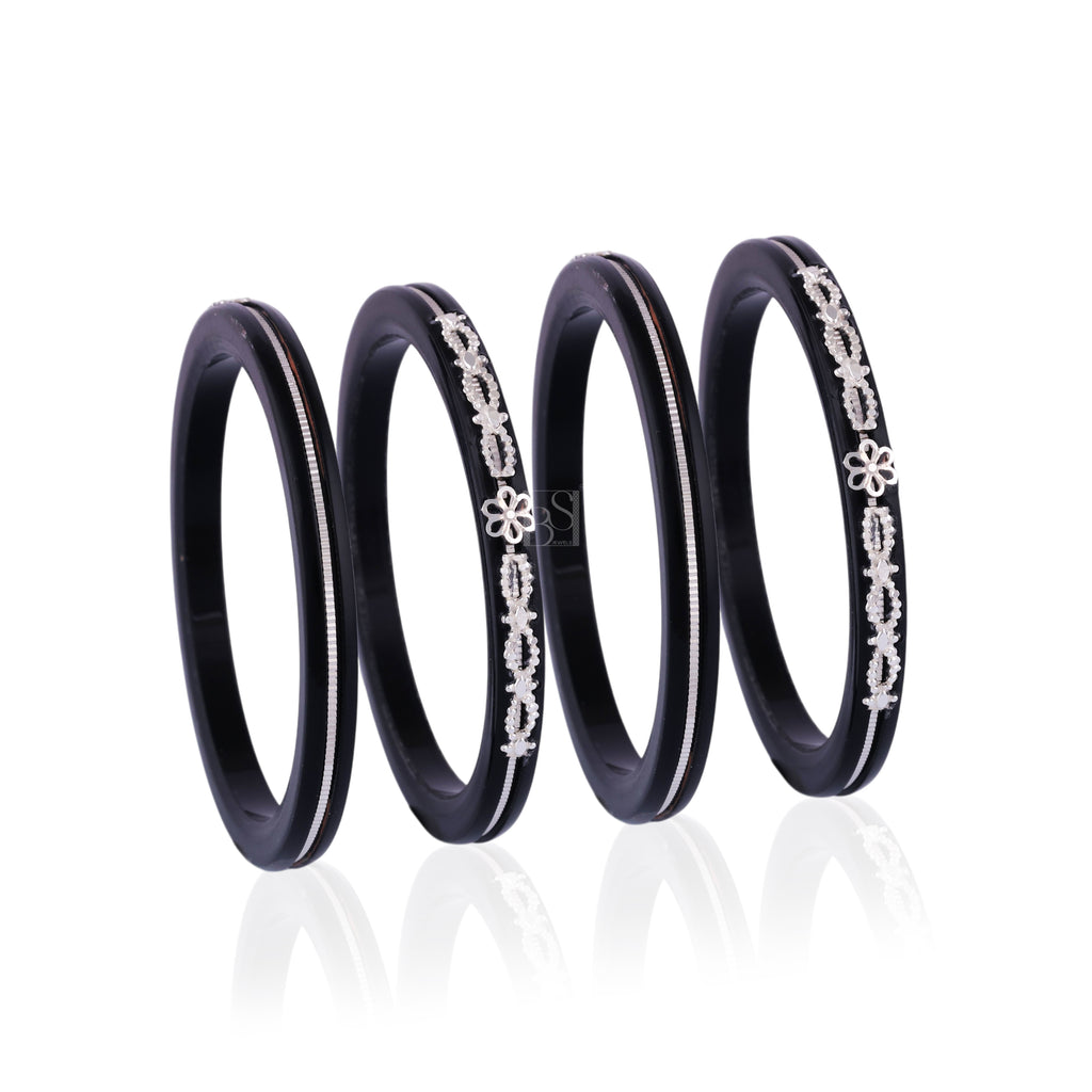 Black & Silver Designer Bangles for Girls & Women | Elegant Floral Embellished Traditional Bangle Set