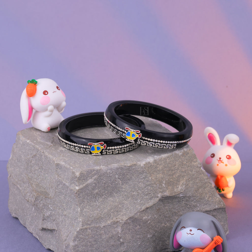 Black Designer Bangles for Girls with Silver-Tone Detailing & Multicolor Stone Embellishments – Traditional Fashion Jewellery