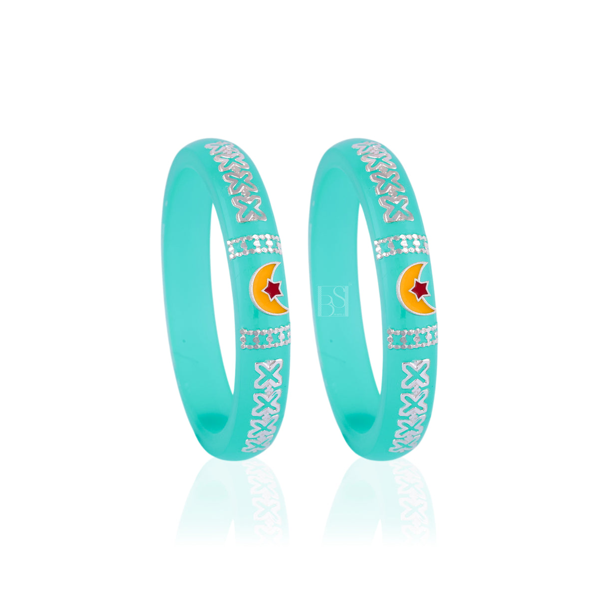 Turquoise & Silver Designer Bangles for Girls & Women | Moon & Star Embellished Bangle Set