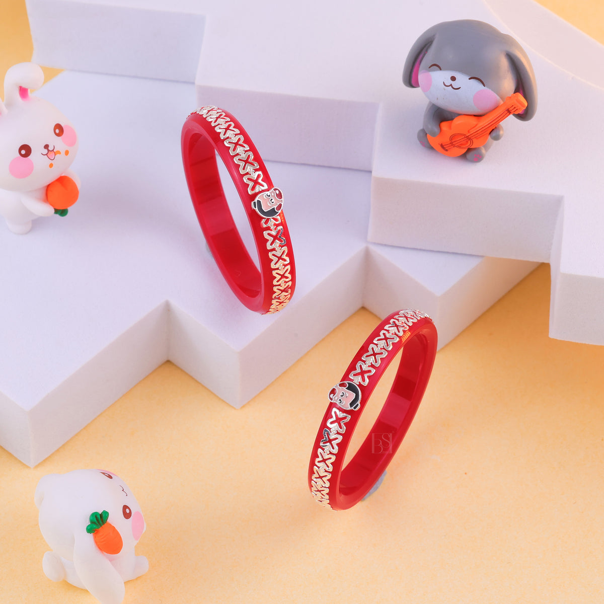 Red Designer Bangles for Girls with Silver-Tone Cartoon Face Detailing – Traditional Fashion Jewellery