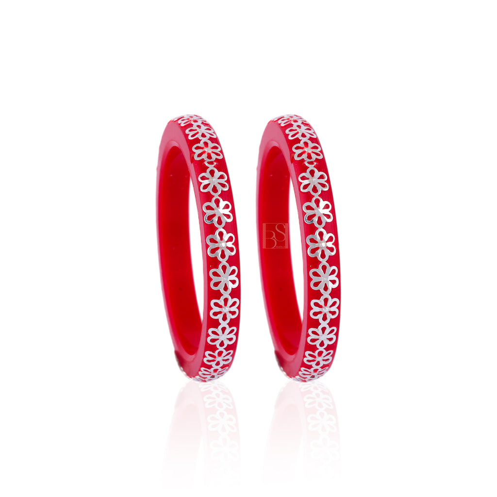 Girls' Red Designer Bangles with Silver Floral Embellishments – Traditional Party Wear Bangle Set