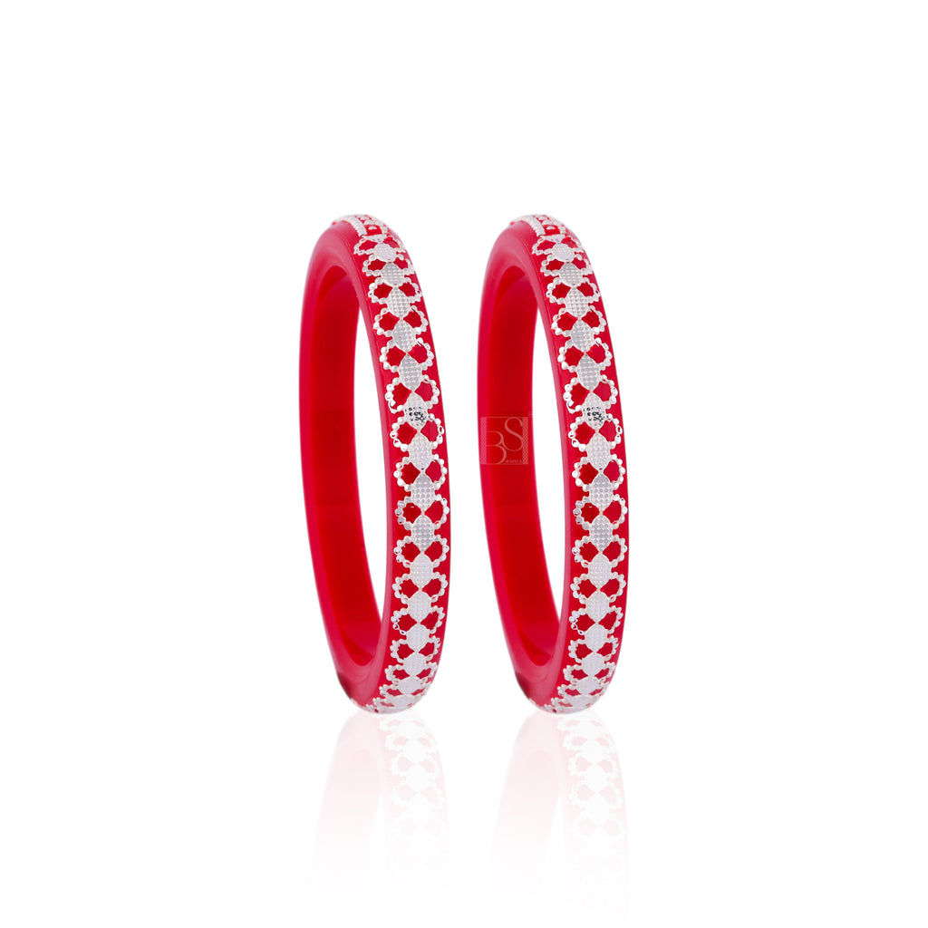 Women's & Girls Red Designer Bangles with Silver-Tone Floral Embellishments | Traditional Ethnic Jewelry