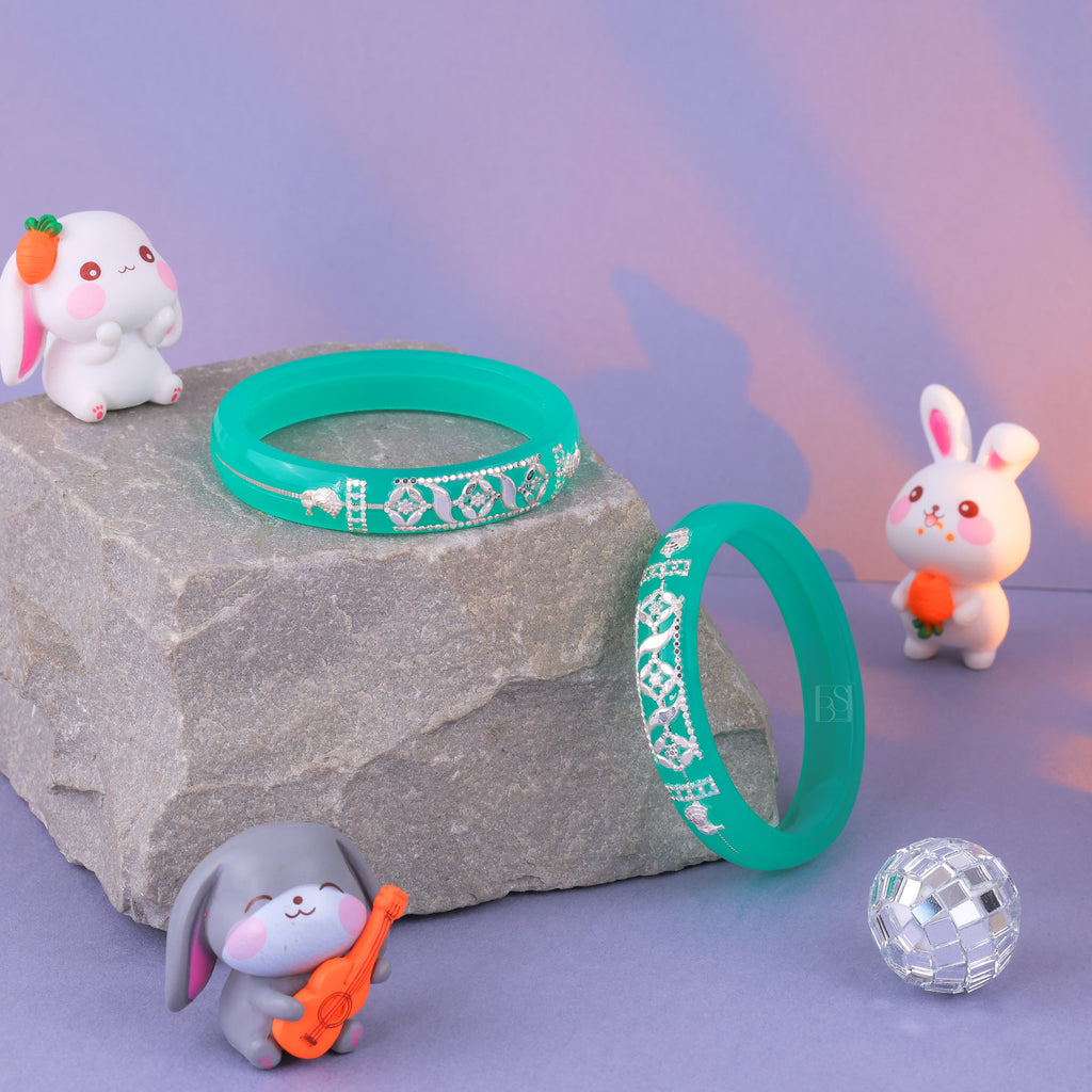 Girls' Turquoise Chilled Bangles with Rose Gold & Silver-Tone Floral Embellishments