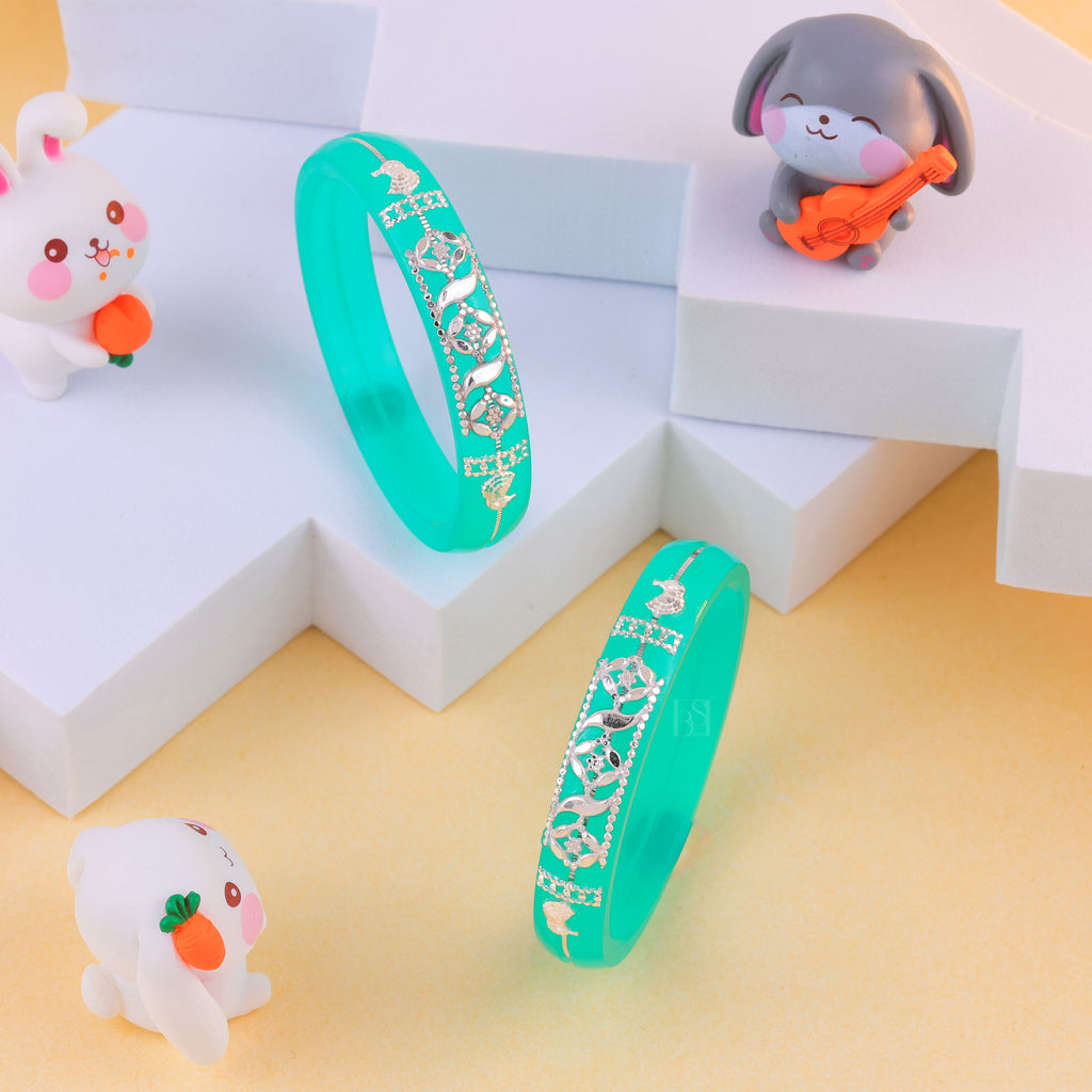 Girls' Turquoise Chilled Bangles with Rose Gold & Silver-Tone Floral Embellishments