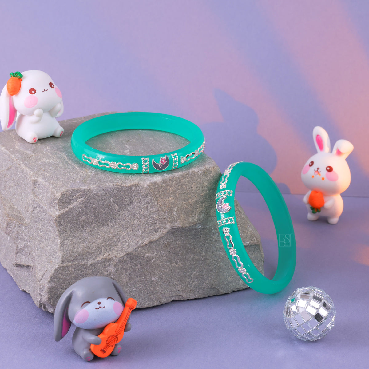 Girls Turquoise Green & Silver Designer Bangles with Moon and Star Charm – Stylish Fashion Jewellery