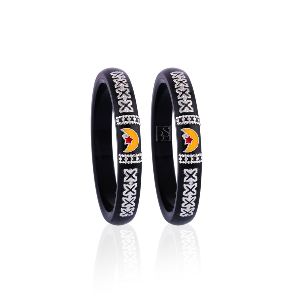 Girls' Black Designer Bangles with Silver Embellishments & Moon Star Charm – Stylish Party Wear Kada Set
