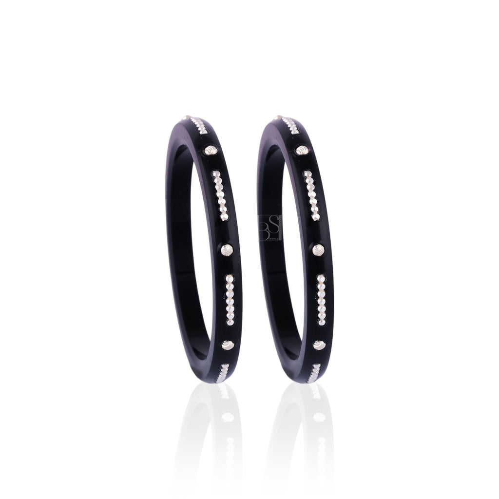 Women's Black & Silver Designer Bangles | Elegant Stone & Pearl-Style Embellished Kada Set