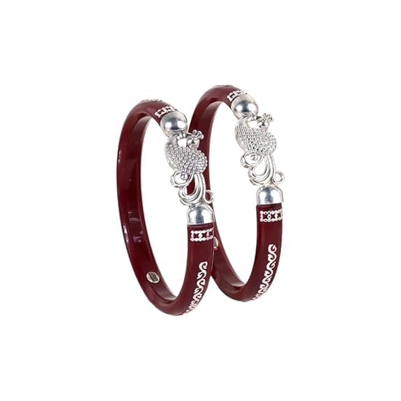925 Sterling Silver Maroon Pola Bangles with Majestic Peacock Motif | Traditional Silver Kada for Women | Ethnic Bridal & Wedding Jewelry | Set of 2 | BPJ_027