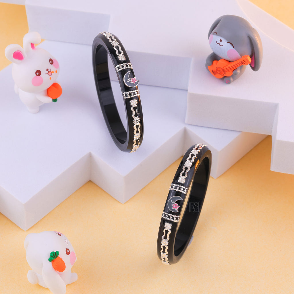 Girls Black & Silver Designer Bangles with Moon & Star Charm – Elegant Fashion Jewellery