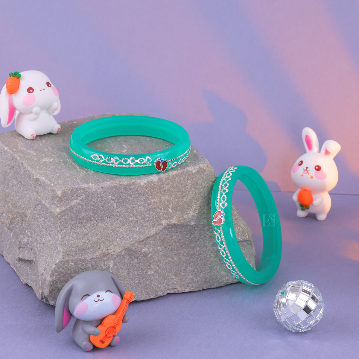 Girls Turquoise Green Designer Bangles with Silver-Tone Heart Charms – Stylish Traditional & Party Wear Jewellery