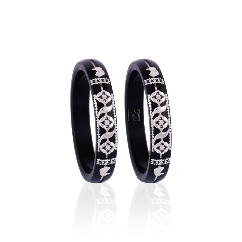Black Designer Bangles for Girls & Women with Silver-Tone Floral Embellishments | Traditional Ethnic Jewelry