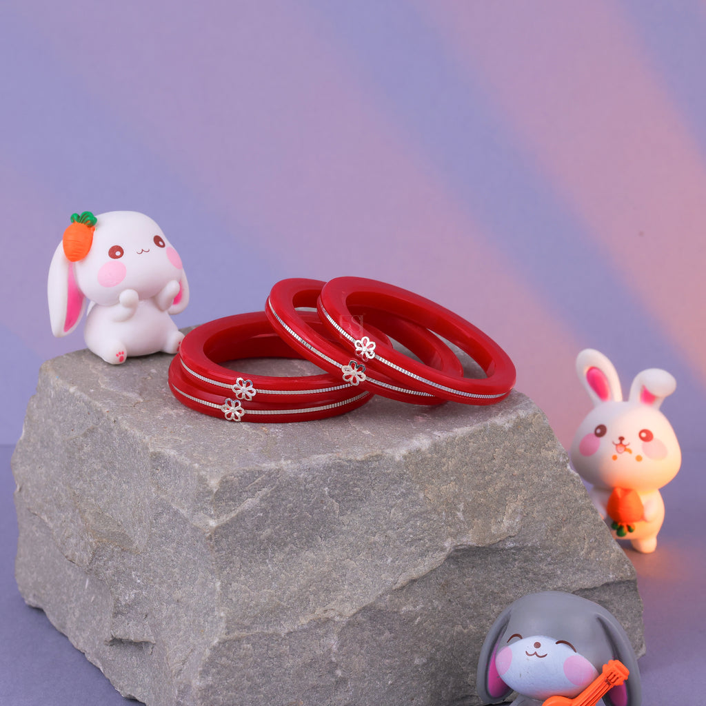 Red & Silver Designer Bangles for Girls & Women | Floral Embellished Traditional Bangle Set