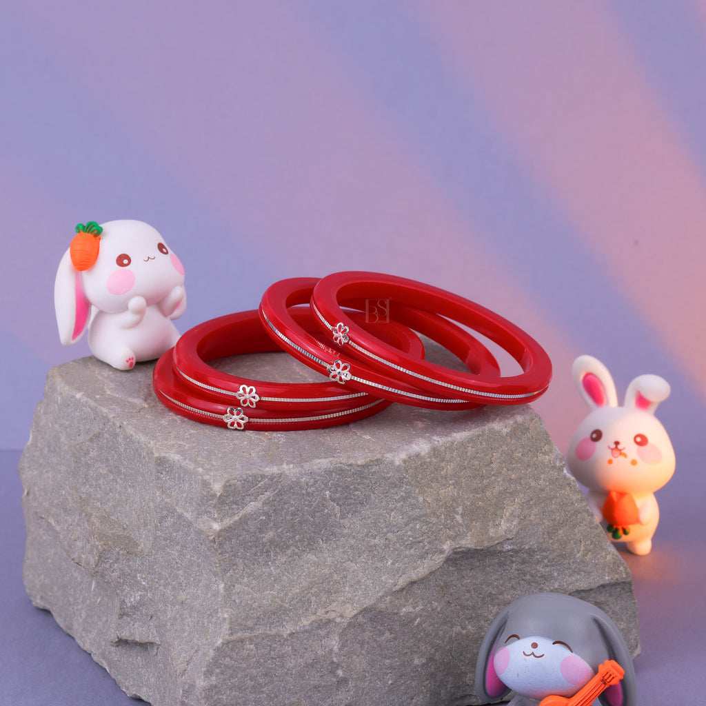 Girls Red Designer Bangles with Silver-Tone Flower Charms | Stylish Traditional & Party Wear Jewellery
