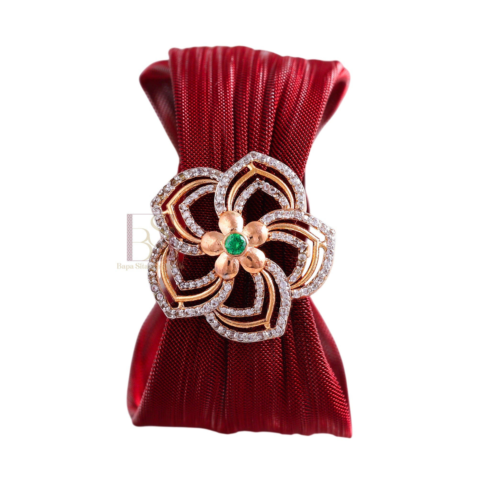 925 Sterling Silver Rose Gold Floral Mesh Cuff Bracelet with Green Stone for Women | Adjustable Luxury Bracelet | 7.5 Gram