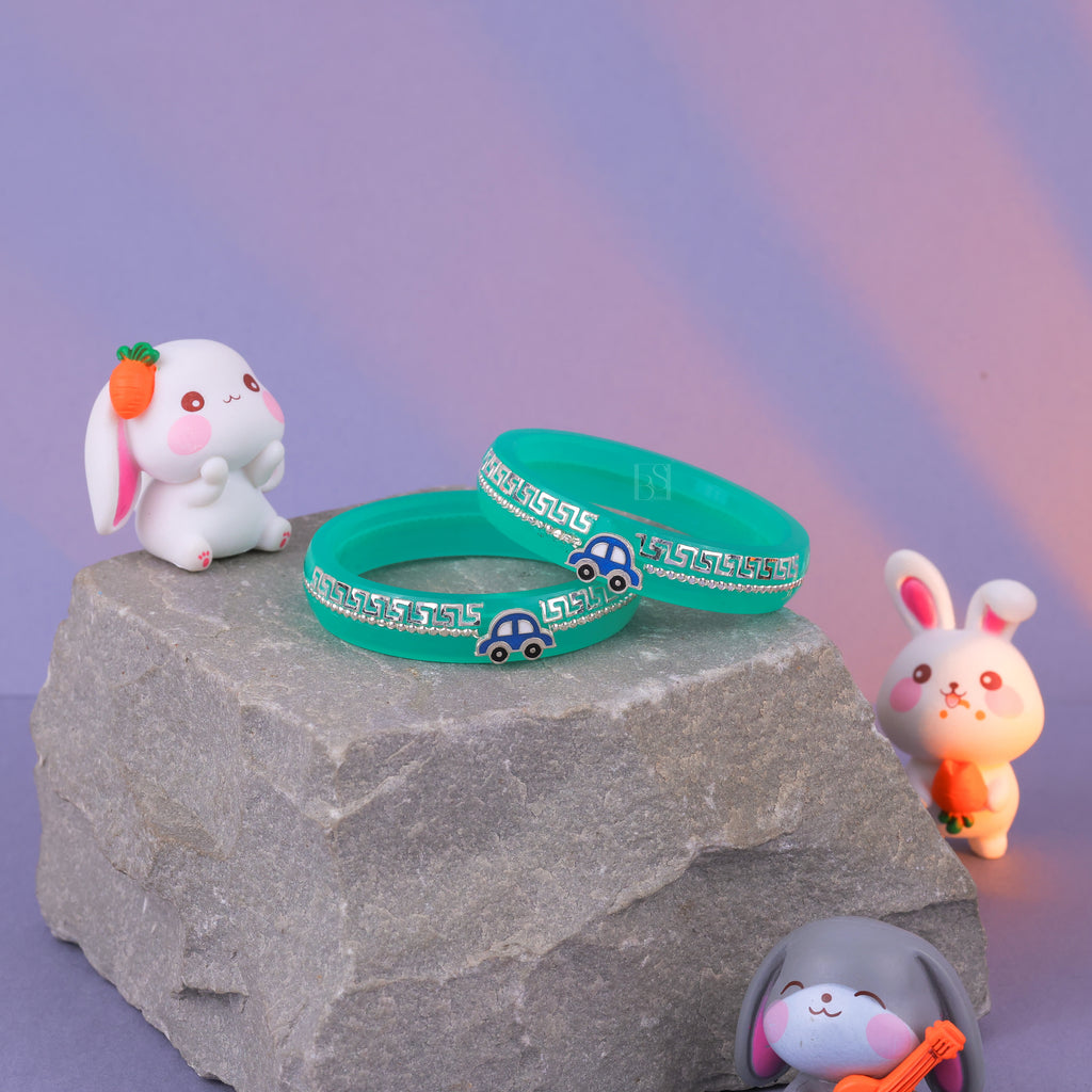 Girls' Turquoise Chilled Bangles with Rose Gold & Silver-Tone Greek Key Design – Stylish Fashion Jewellery