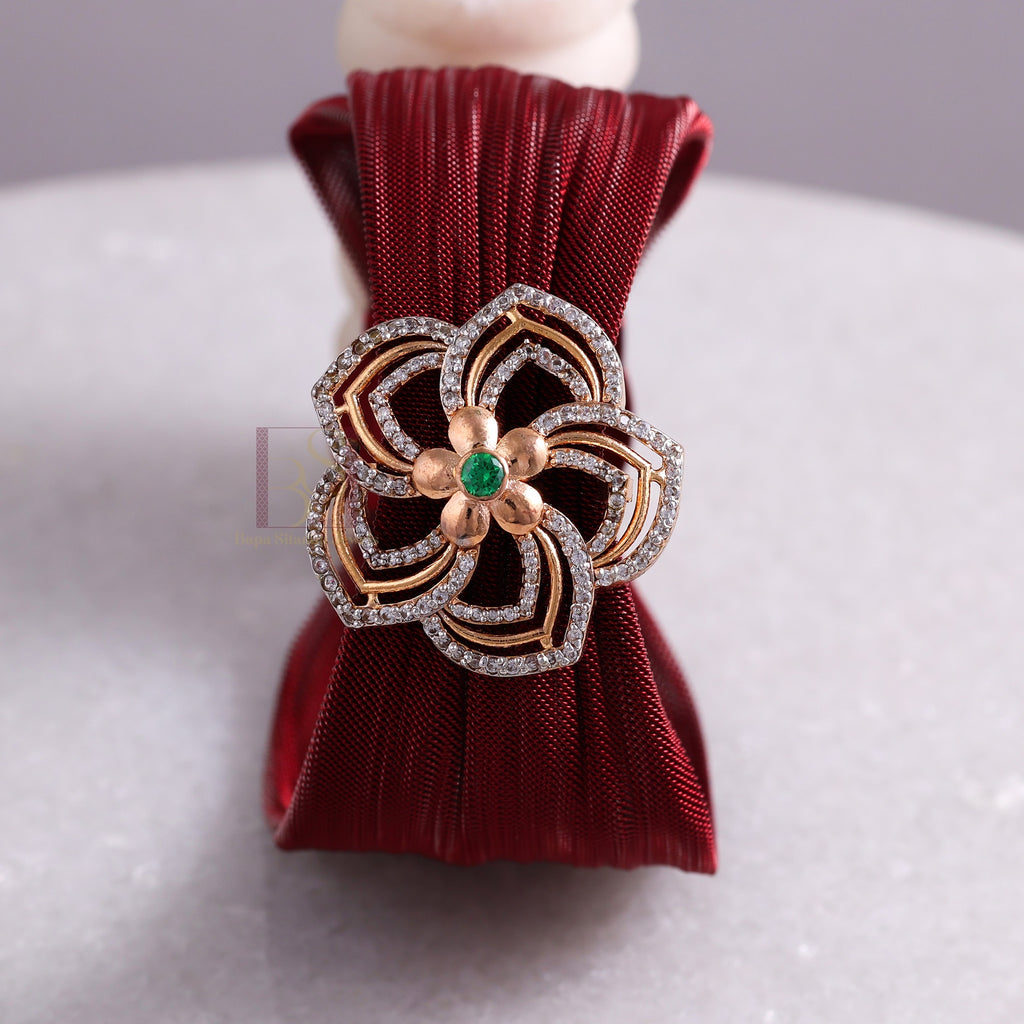 925 Sterling Silver Rose Gold Floral Mesh Cuff Bracelet with Green Stone for Women | Adjustable Luxury Bracelet | 7.5 Gram
