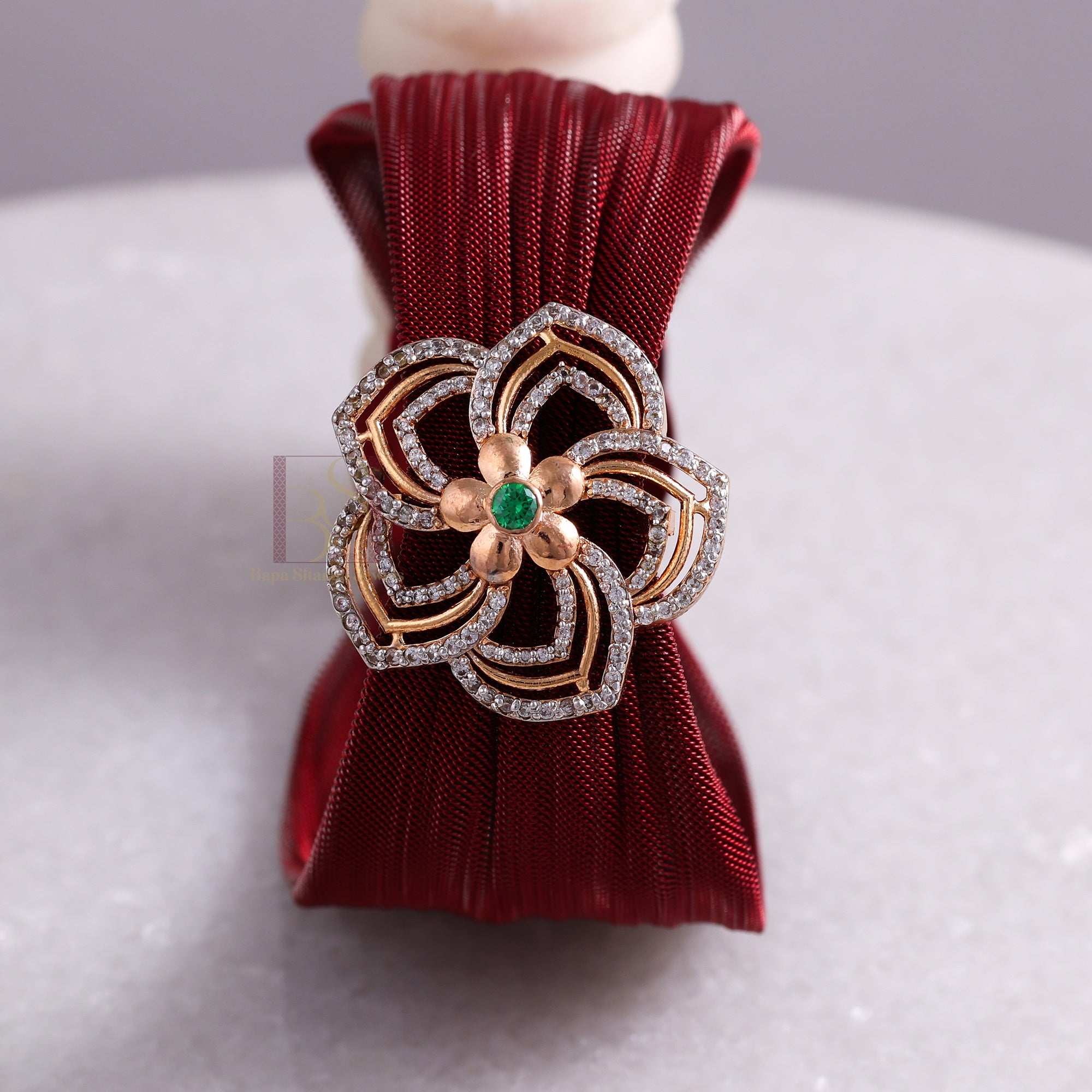 925 Sterling Silver Rose Gold Floral Mesh Cuff Bracelet with Green Stone for Women | Adjustable Luxury Bracelet | 7.5 Gram