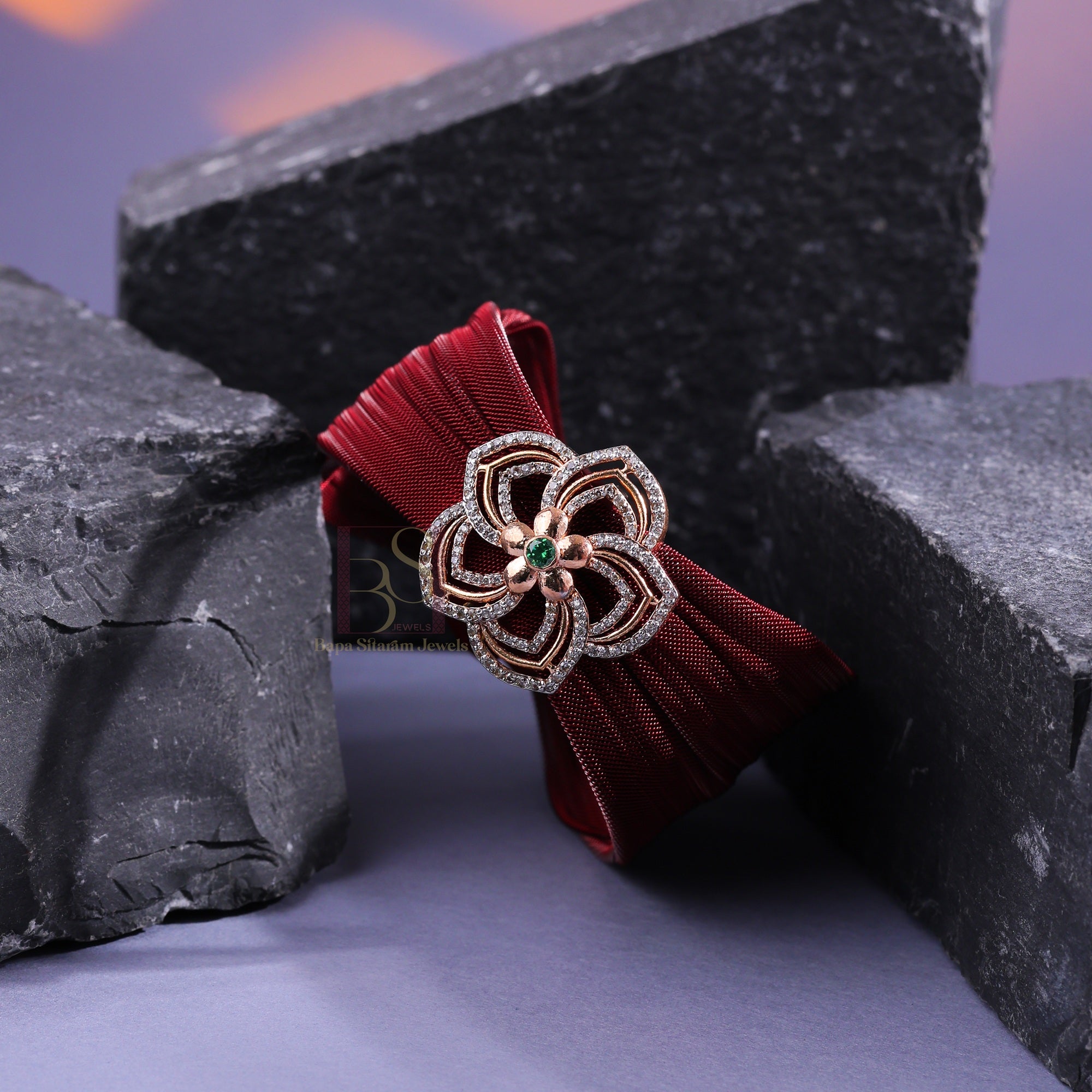 925 Sterling Silver Rose Gold Floral Mesh Cuff Bracelet with Green Stone for Women | Adjustable Luxury Bracelet | 7.5 Gram