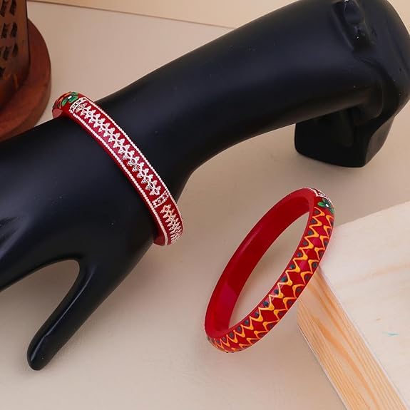 925 Sterling Silver Red Pola Kada for Women | Hand-Painted Zigzag Design & Silver Wire Work Bangles | Traditional Ethnic Jewelry Gift for Festivals | Pair of 2 | BPJ_33