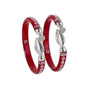 925 Sterling Silver Red Pola Kada Set featuring Intricate Silver Engravings and Leaf Charm Ends | Traditional Bengali Style Pola Bangles | | BPJ_023