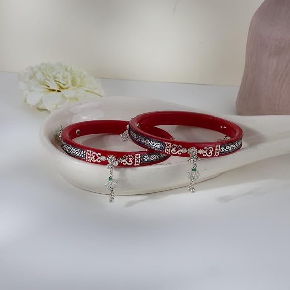 925 Sterling Silver Red Pola Bangles with Oxidized Floral Inlay & Green Bead Hanging Ghungroos | Traditional Latkan Style Silver Kada for Women | Pair of 2 | BPJ_025