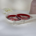 925 Sterling Silver Red Pola Bangles with Oxidized Floral Inlay & Green Bead Hanging Ghungroos | Traditional Latkan Style Silver Kada for Women | Pair of 2 | BPJ_025