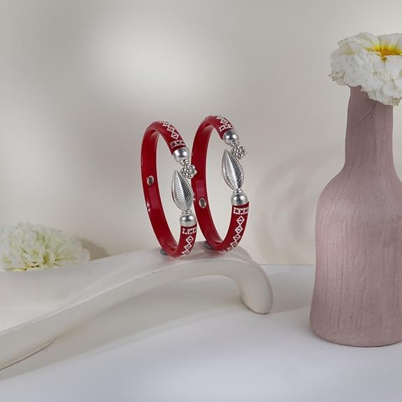 925 Sterling Silver Red Pola Kada Set featuring Intricate Silver Engravings and Leaf Charm Ends | Traditional Bengali Style Pola Bangles | | BPJ_023