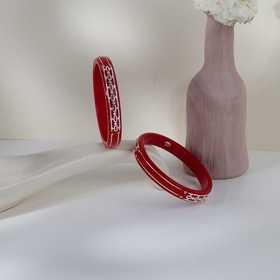 Traditional Red Pola Kada Set with 925 Silver & 22K Gold Accents | Ethnic Bridal Bangles for Women | Set of 2 | BPJ_022