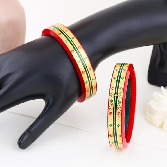 22K Gold Red Green Pola Kada for Women | Traditional Floral Enamel Design | Ethnic Jewelry Gift for Weddings & Festivals | Pair of 2 | BPJ_32