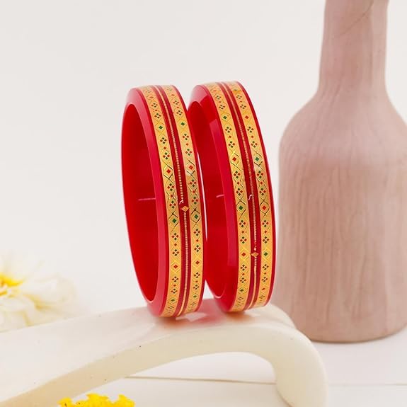 Traditional Red Pola Bangles with Wide 22K Gold | Diamond Pattern Enamel Detail | Ethnic Wedding Kada for Women | Set of 2 | BPJ_31