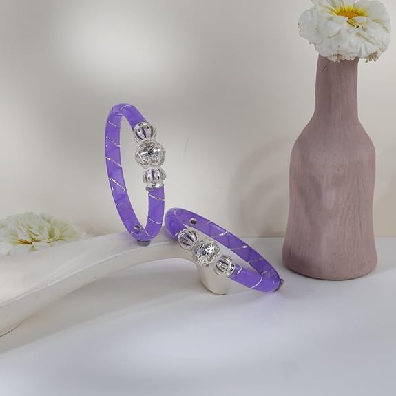 925 Sterling Silver Purple Pola Bangles for Women | Traditional Lavender Kada with Silver Wire Work | Ethnic Jewelry Gift for Festivals | Set of 2 (BPJ_20)