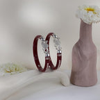 925 Sterling Silver Maroon Pola Bangles with Majestic Peacock Motif | Traditional Silver Kada for Women | Ethnic Bridal & Wedding Jewelry | Set of 2 | BPJ_027