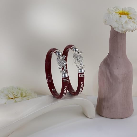 925 Sterling Silver Maroon Pola Bangles with Majestic Peacock Motif | Traditional Silver Kada for Women | Ethnic Bridal & Wedding Jewelry | Set of 2 | BPJ_027