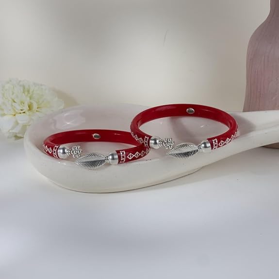 925 Sterling Silver Red Pola Kada Set featuring Intricate Silver Engravings and Leaf Charm Ends | Traditional Bengali Style Pola Bangles | | BPJ_023