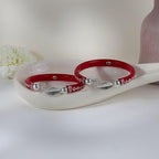 925 Sterling Silver Red Pola Kada Set featuring Intricate Silver Engravings and Leaf Charm Ends | Traditional Bengali Style Pola Bangles | | BPJ_023