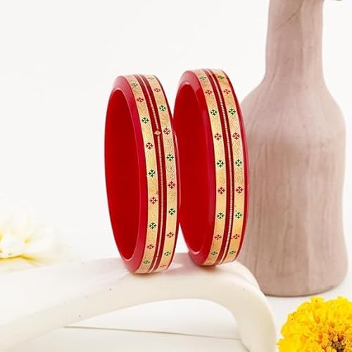 Traditional Red Pola Bangles with 22K Gold | Colorful Floral Enamel | Ethnic Wedding Kada for Women | Set of 2 | BPJ_30